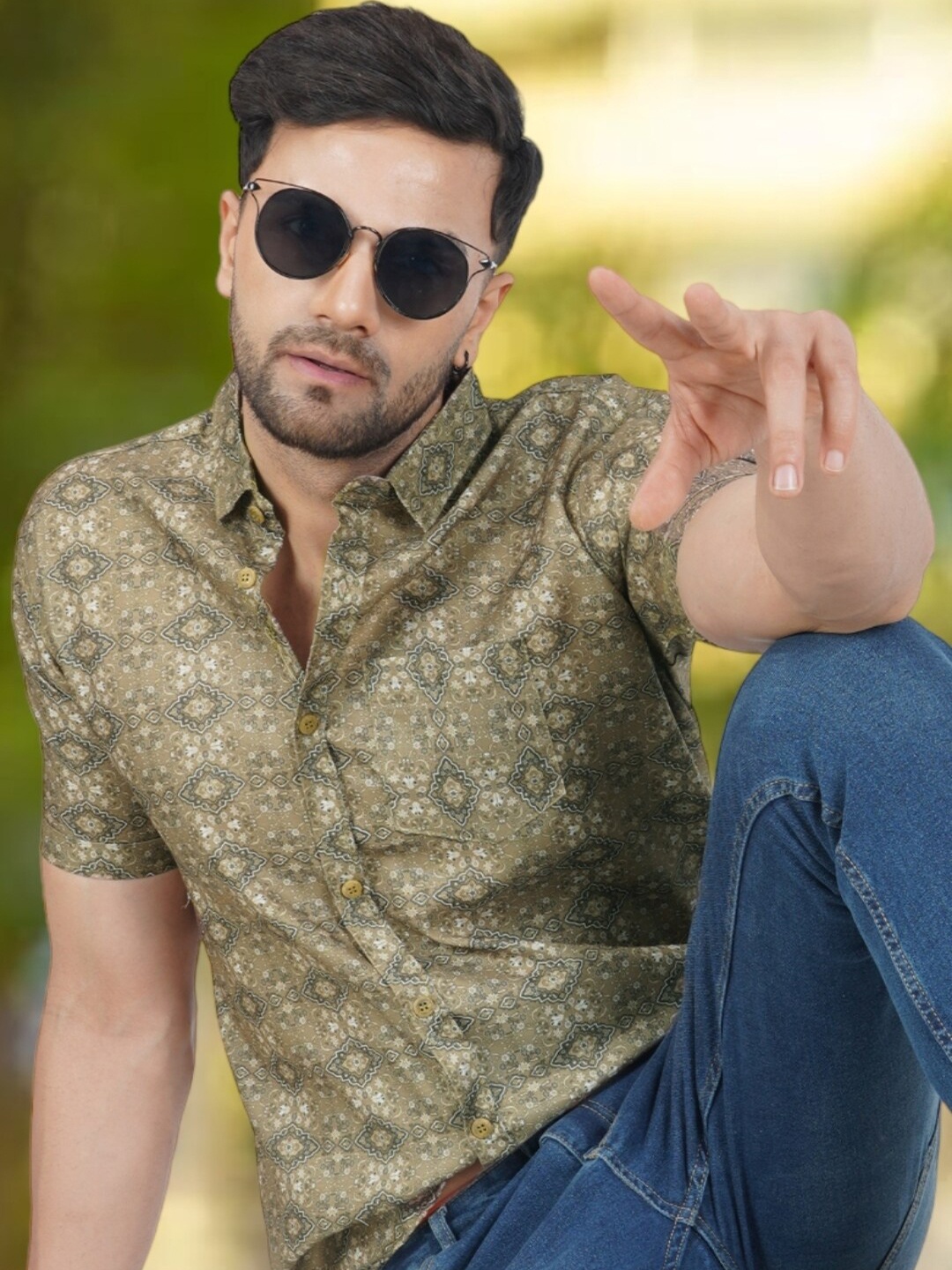 

BASE 41 Ethnic Motifs Printed Slim Fit Casual Shirt, Green