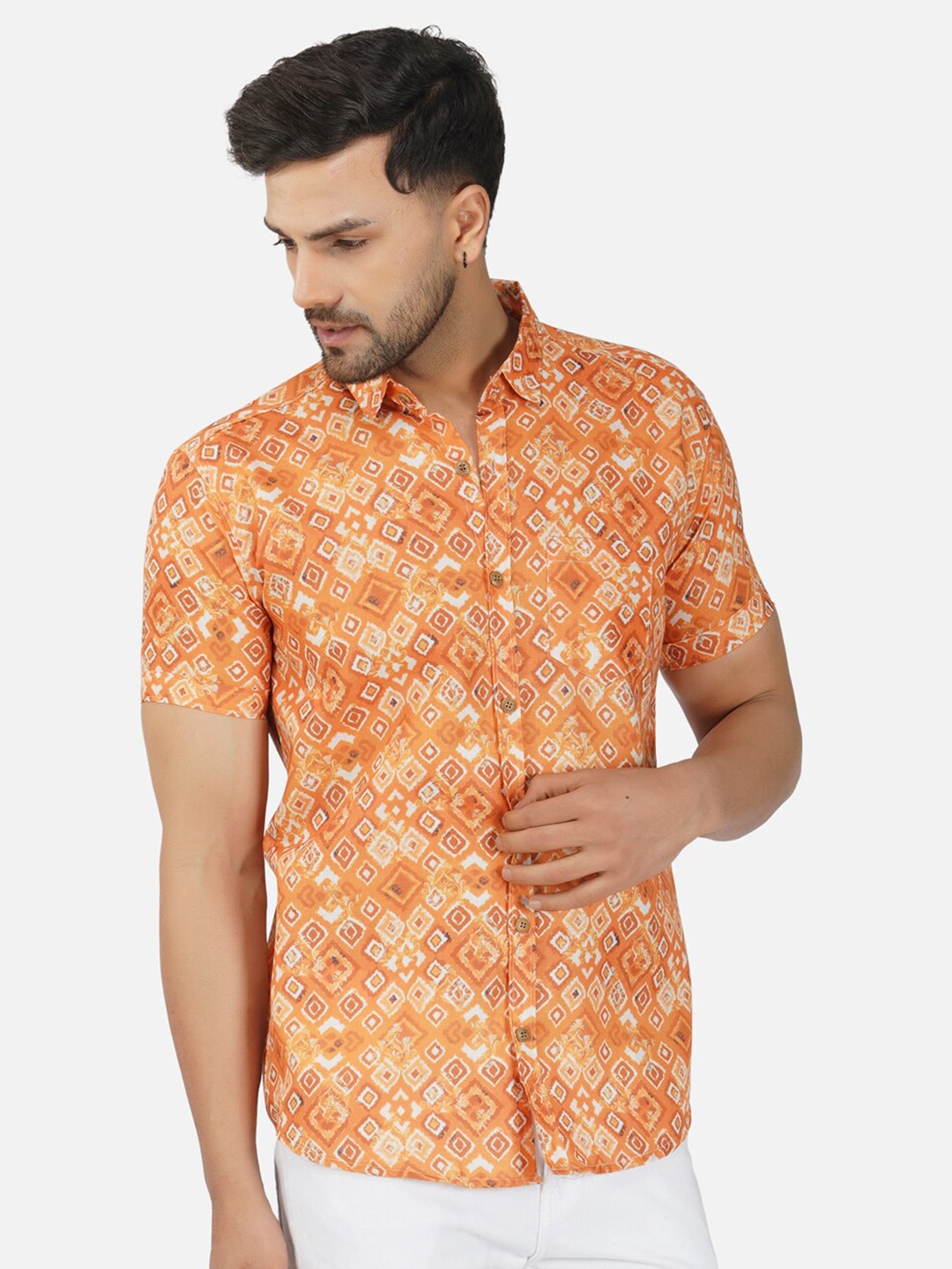 

BASE 41 Slim Fit Ethnic Motifs Printed Casual Shirt, Orange