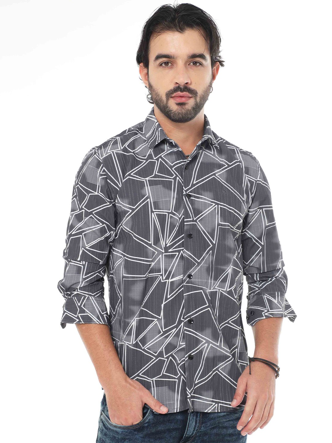 

SORATIA Geometric Printed Spread Collar Ultra Soft Cotton Casual Shirt, Grey