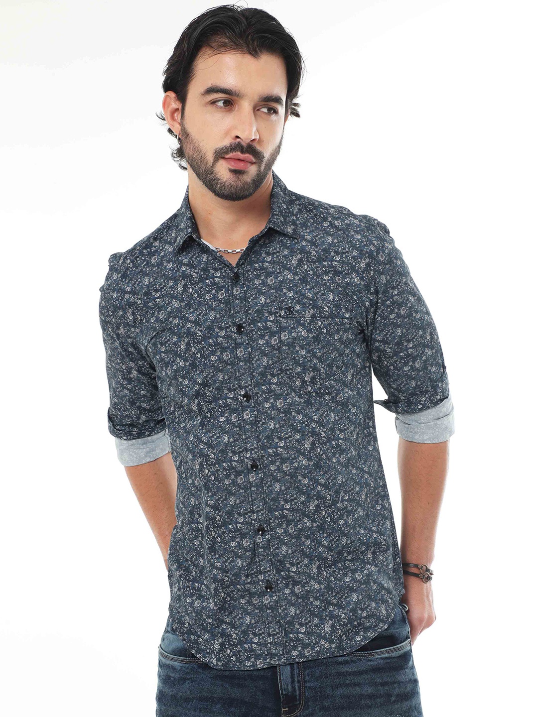 

SORATIA Floral Printed Cotton Casual Shirt, Grey