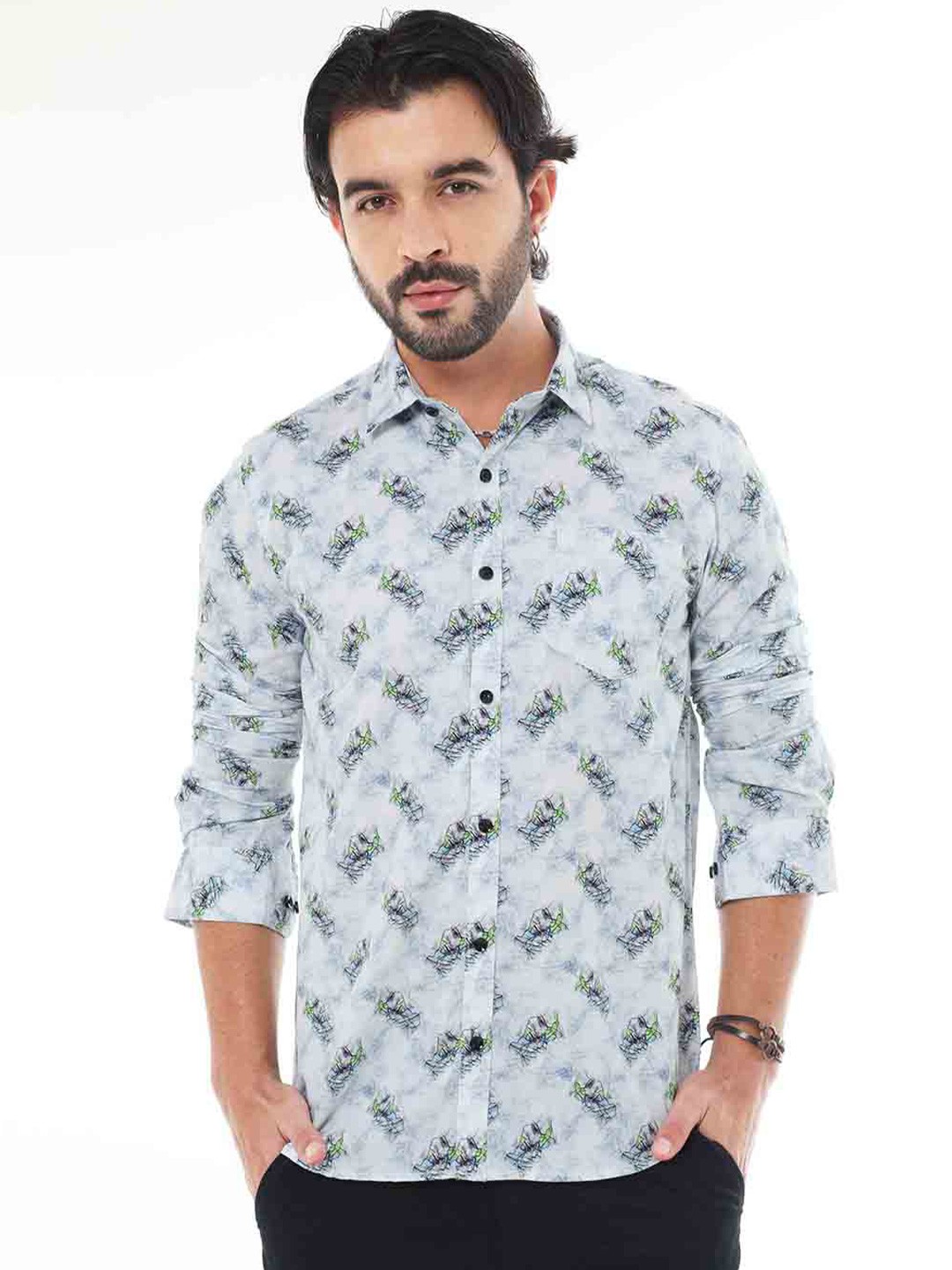

SORATIA Abstract Printed Spread Collar Ultra Soft Cotton Casual Shirt, White