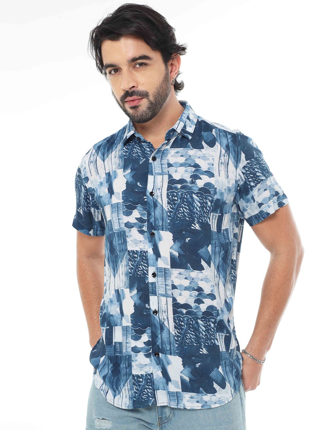

SORATIA Abstract Printed Spread Collar Ultra Soft Cotton Casual Shirt, Blue