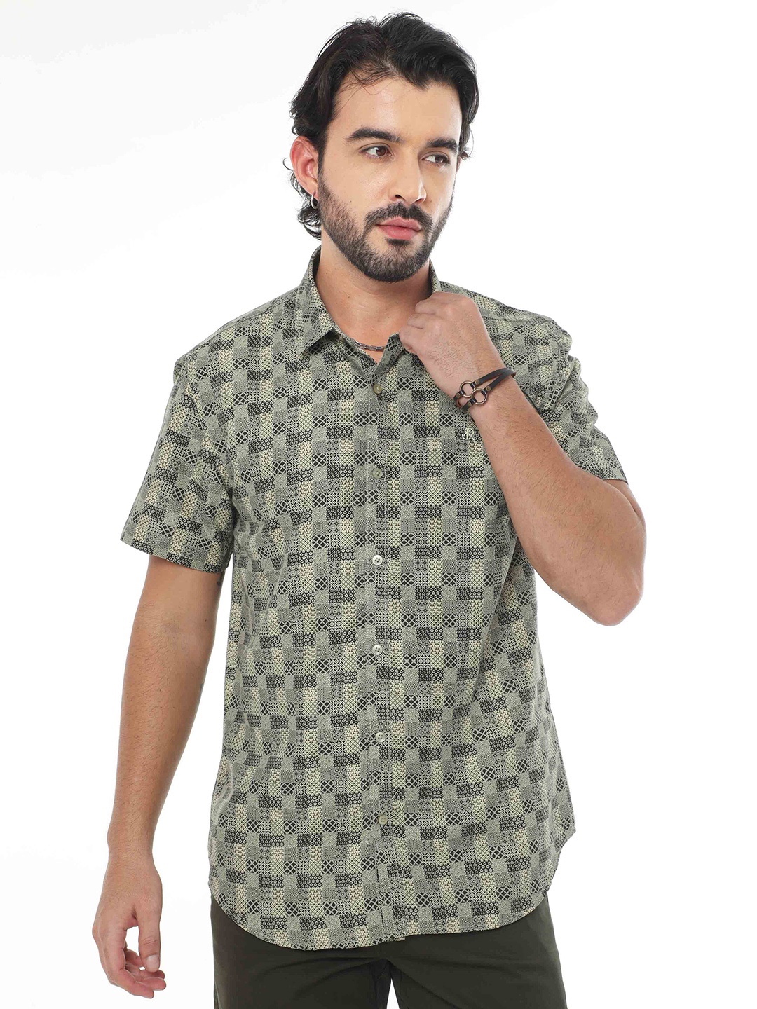 

SORATIA Geometric Printed Cotton Casual Shirt, Green