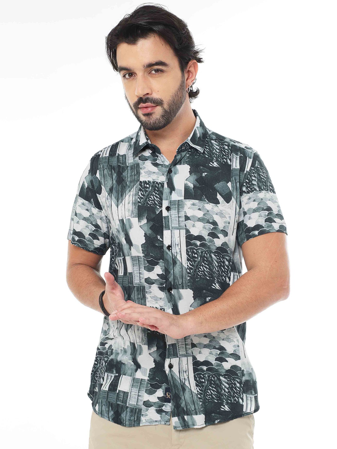 

SORATIA Abstract Printed Cotton Casual Shirt, Green