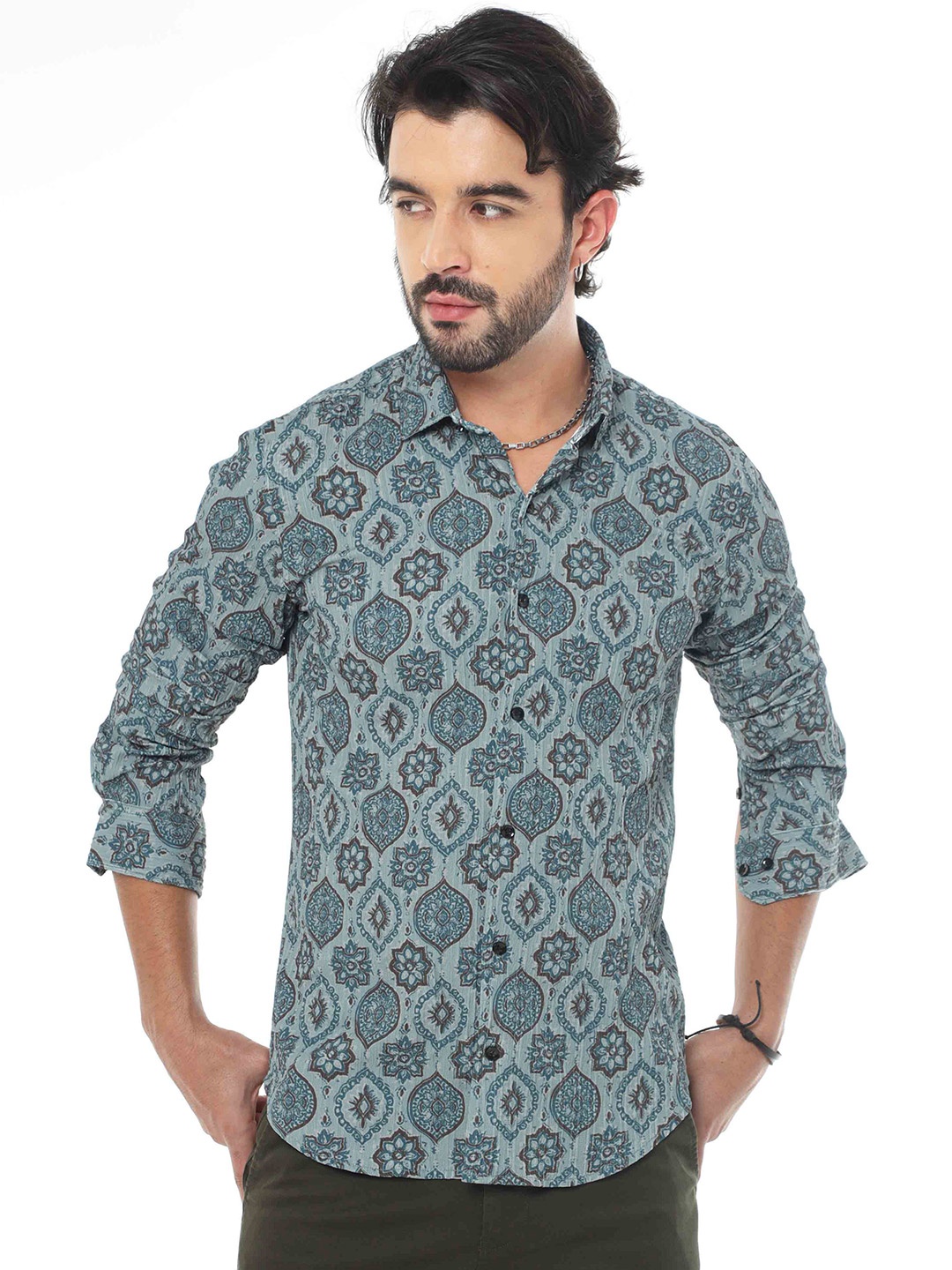 

SORATIA Ethnic Motifs Printed Spread Collar Ultra Soft Cotton Casual Shirt, Teal