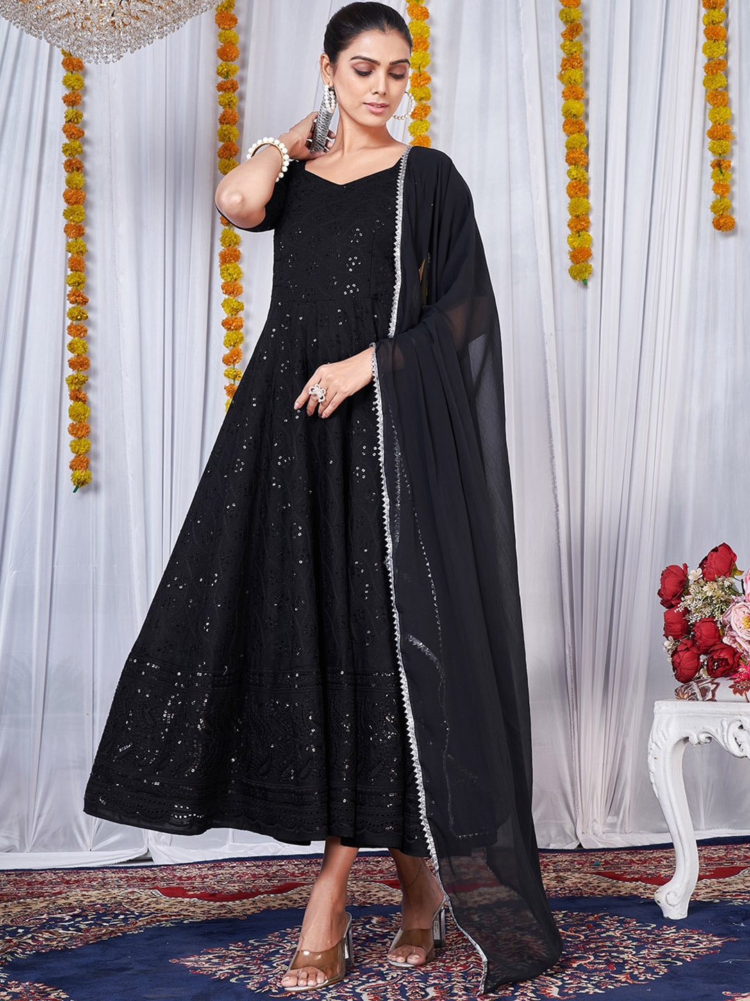 

KALINI Ethnic Motifs Embroidered Maxi Ethnic Dress With Dupatta, Black