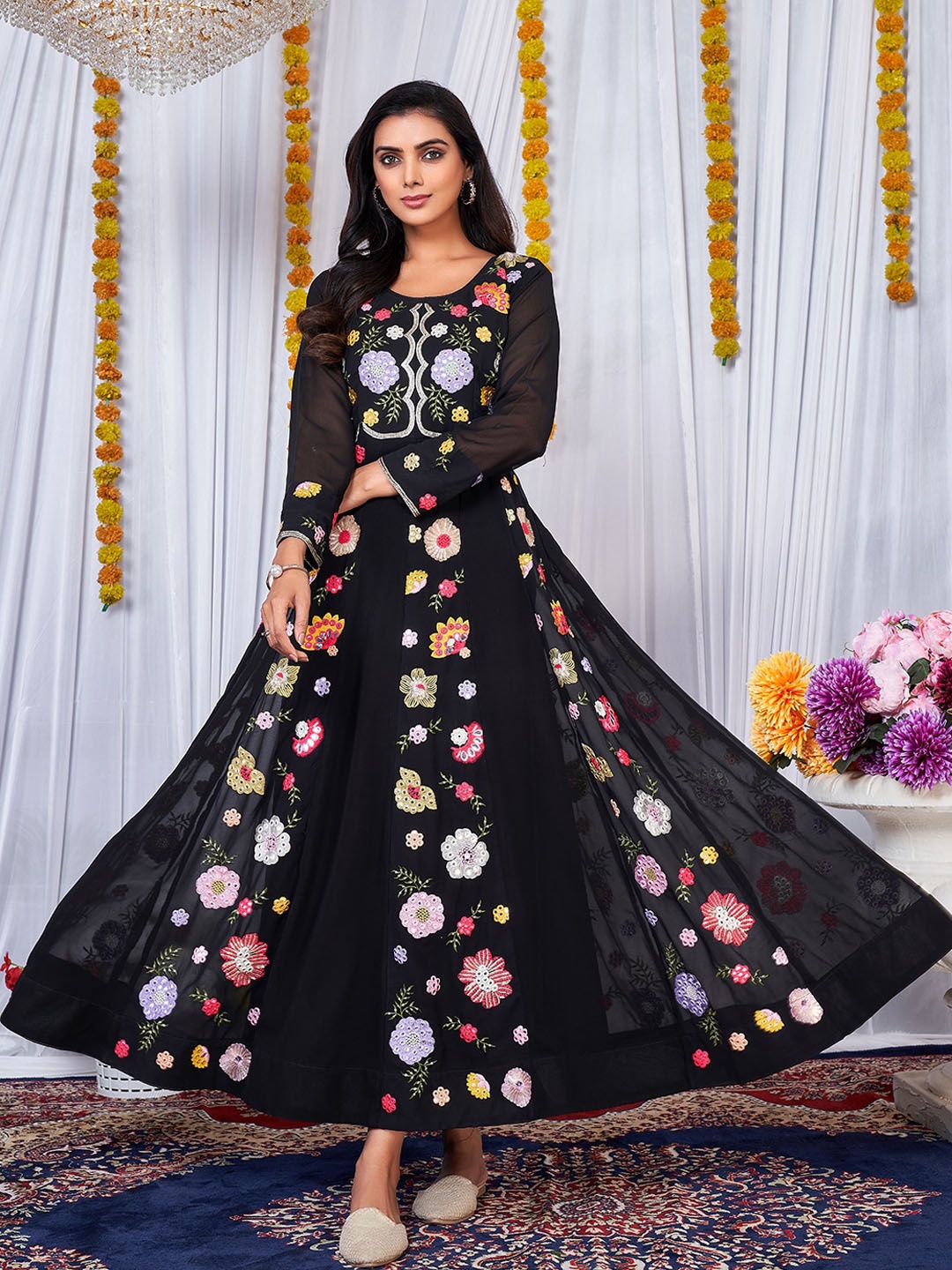 

KALINI Floral Embroidered Georgette Fit & Flare Maxi Ethnic Dress, Black