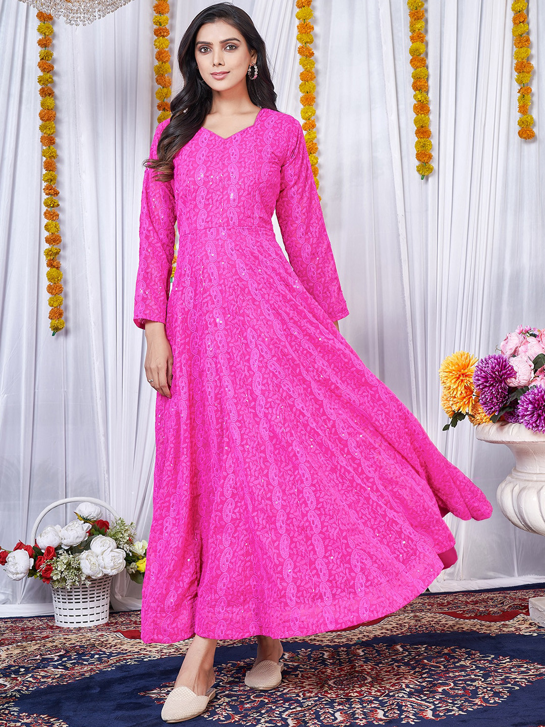

KALINI Paisley Embroidered Georgette Maxi Ethnic Dress, Magenta