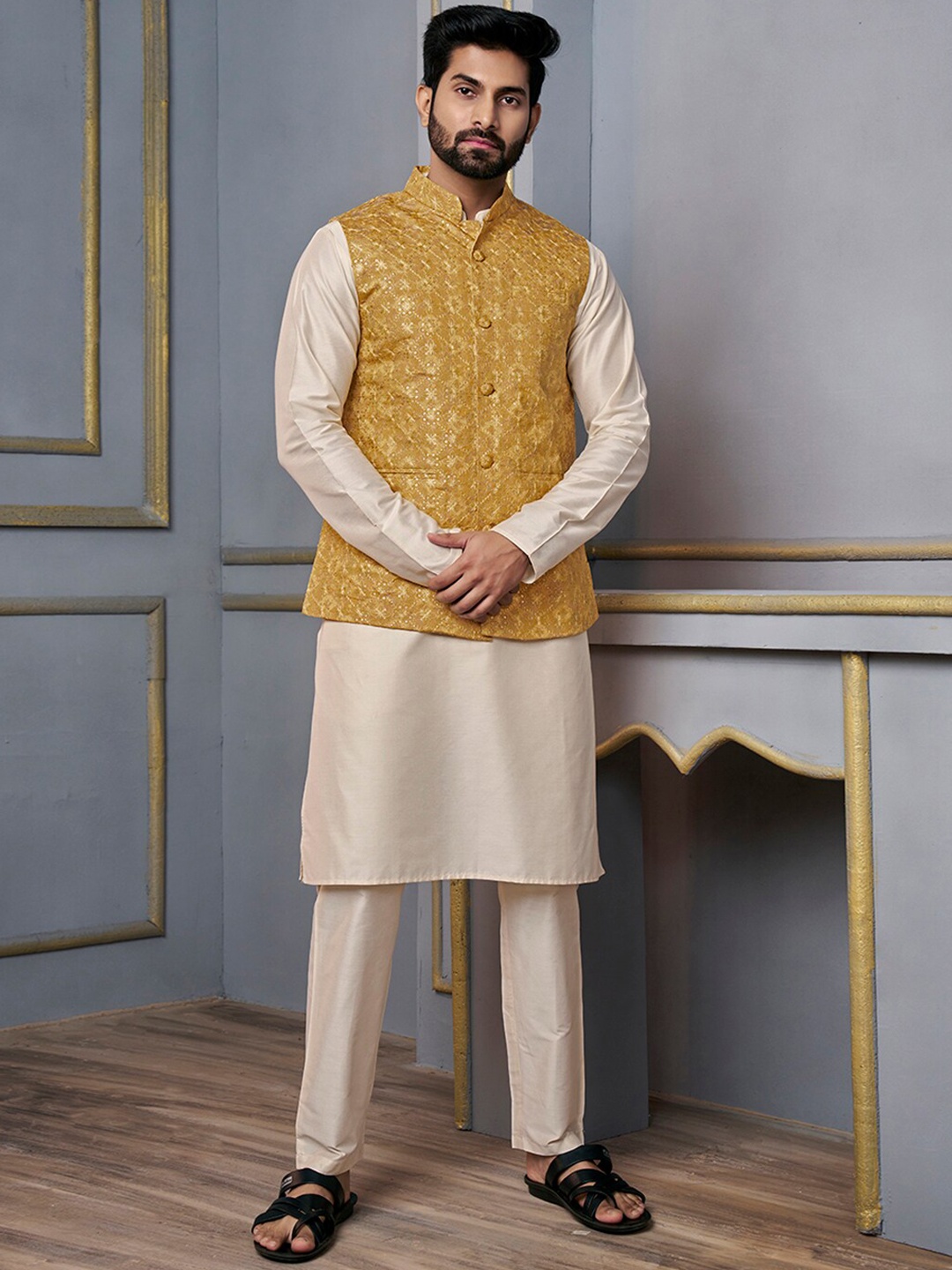 

Inddus Beige & Yellow Mandarin Collar Kurta & Trousers With Nehru Jacket