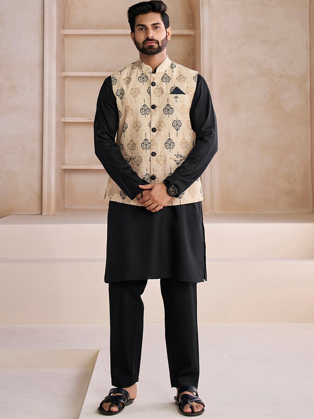 

Inddus Black & Cream-Coloured Mandarin Collar Kurta & Trousers With Nehru Jacket