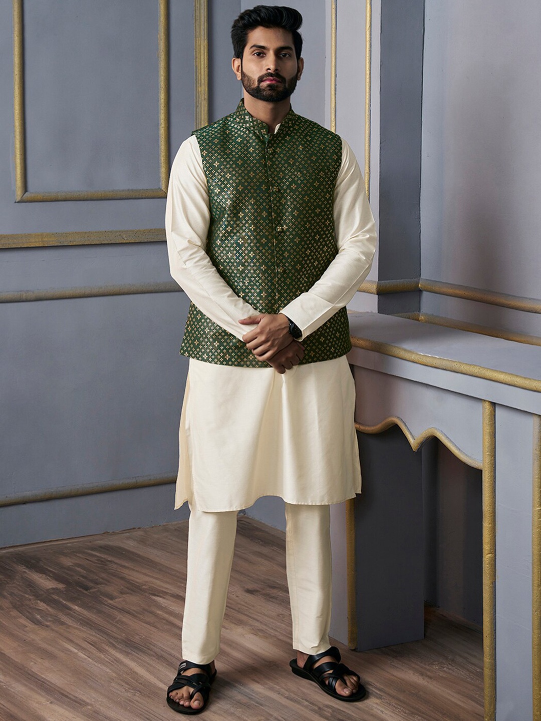 

Inddus Beige & Green Mandarin Collar Kurta & Trousers With Nehru Jacket