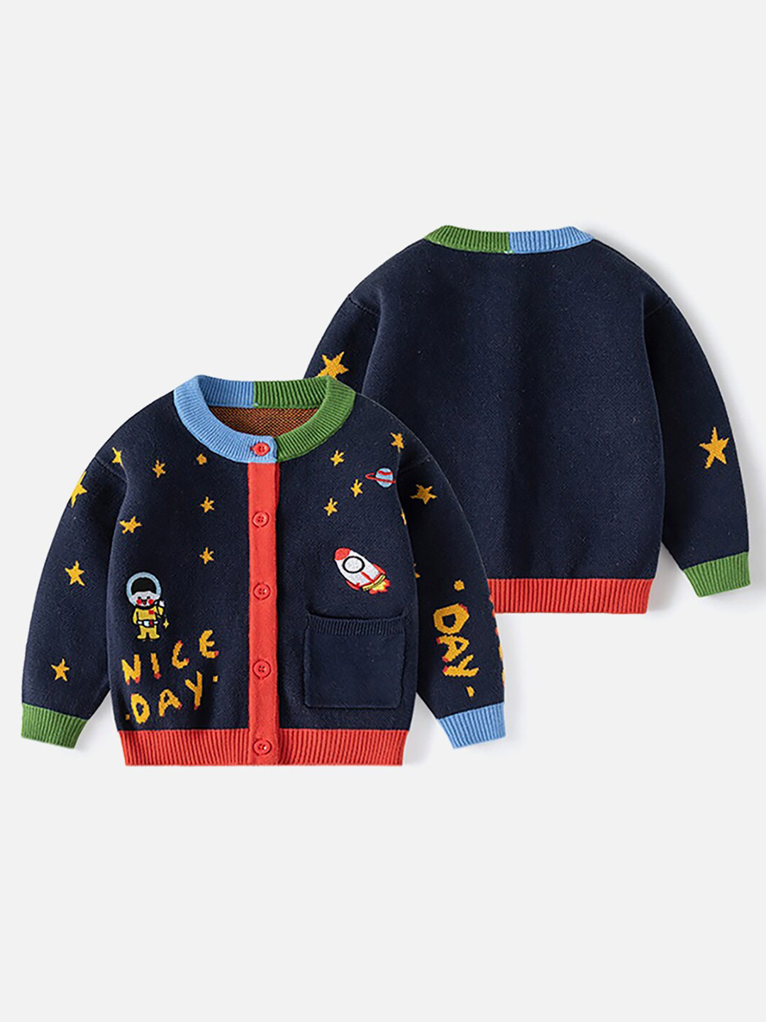 

Little Surprise Box LLP Kids Space Rocket Printed Pure Cotton Cardigan, Navy blue