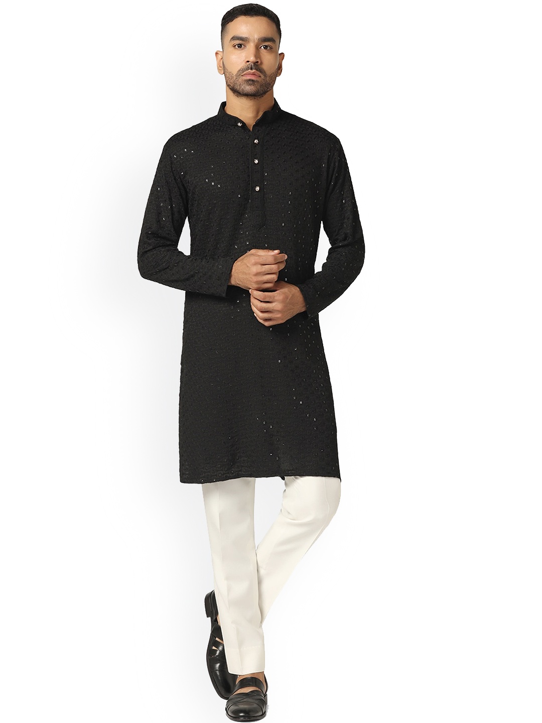 

ahhaaaa Men Black Embroidered Mirror Work Summer Sheers Handloom Kurta
