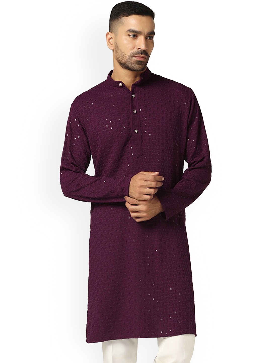 

ahhaaaa Men Coffee Brown Embroidered Mirror Work Summer Sheers Handloom Kurta