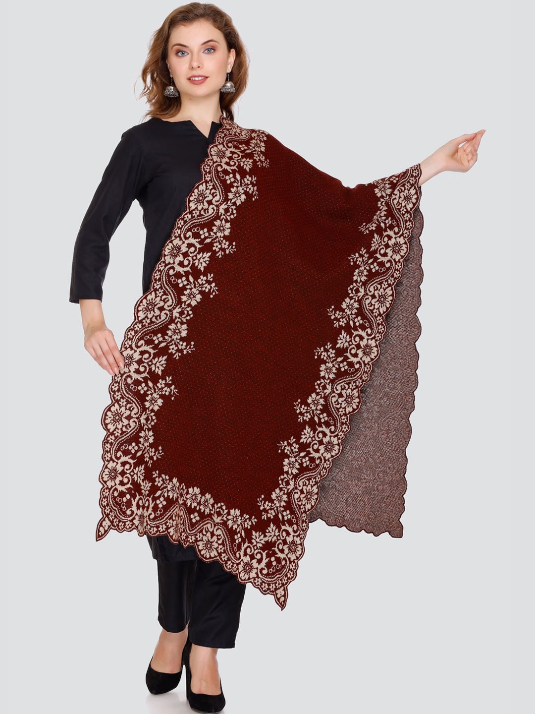 

Elthia Embroidered Woollen Shawl, Maroon