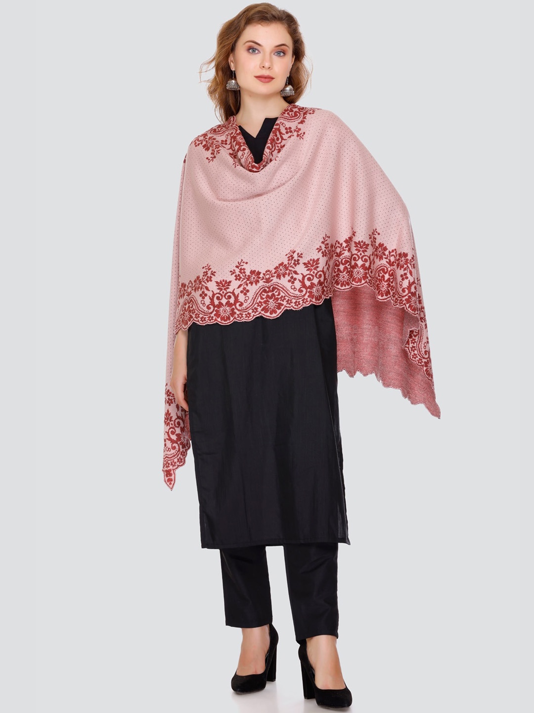 

Elthia Floral Woven-Designed Woollen Shawl, Pink