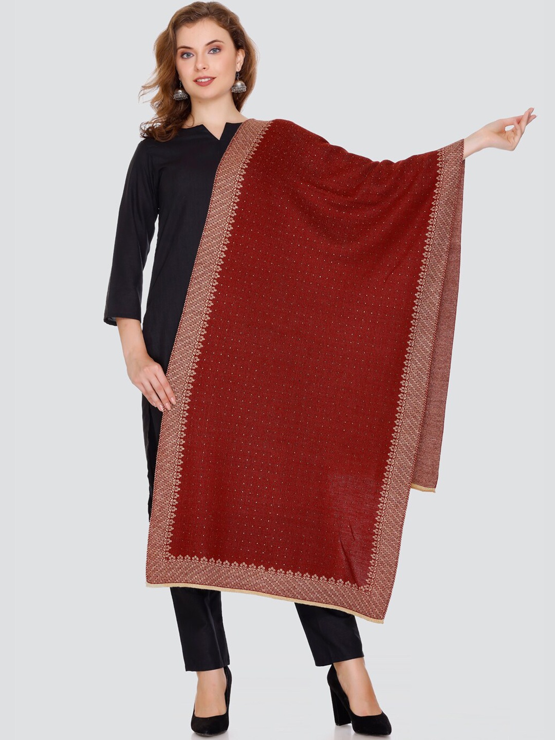 

Elthia Floral Embroidered Woollen Shawl, Maroon