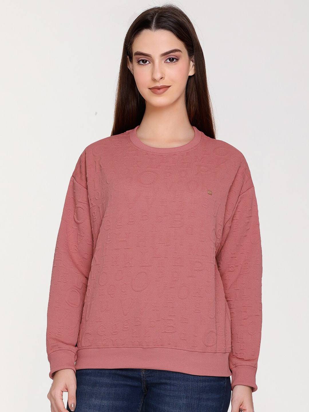 

UNEMODE Self Design Round Neck Sweatshirt, Rose
