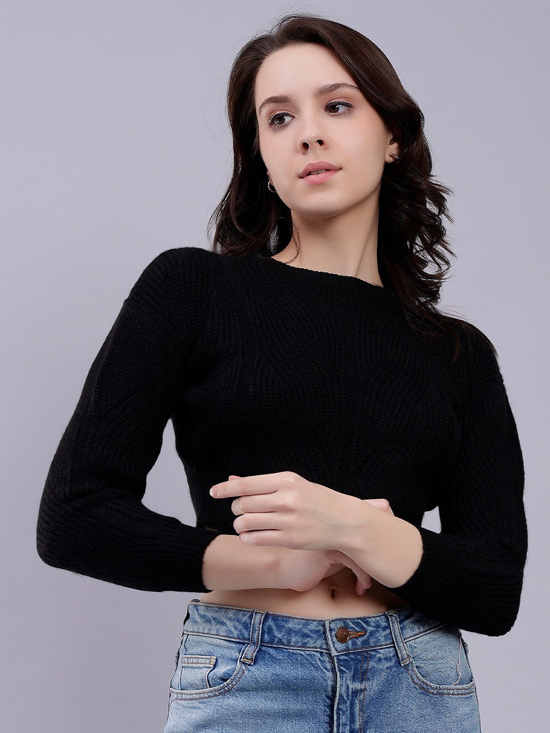 

Malachi Self Design Cable Knit Crop Acrylic Pullover Sweater, Black