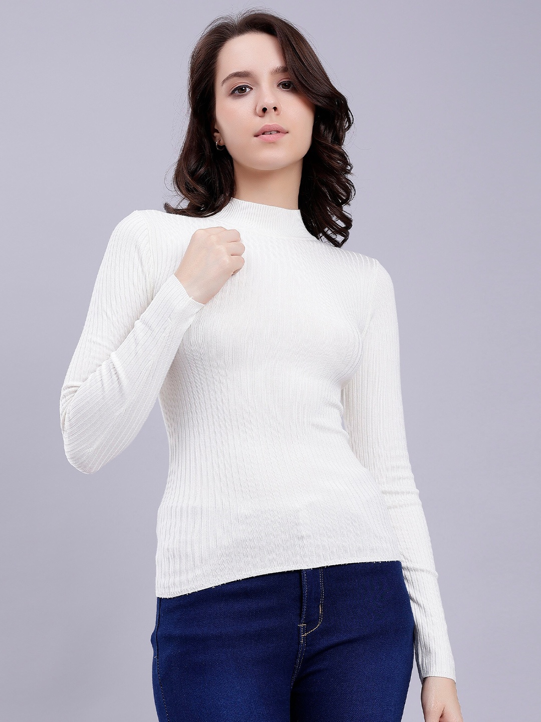 

Malachi Self Design High Neck Pullover Sweater, White