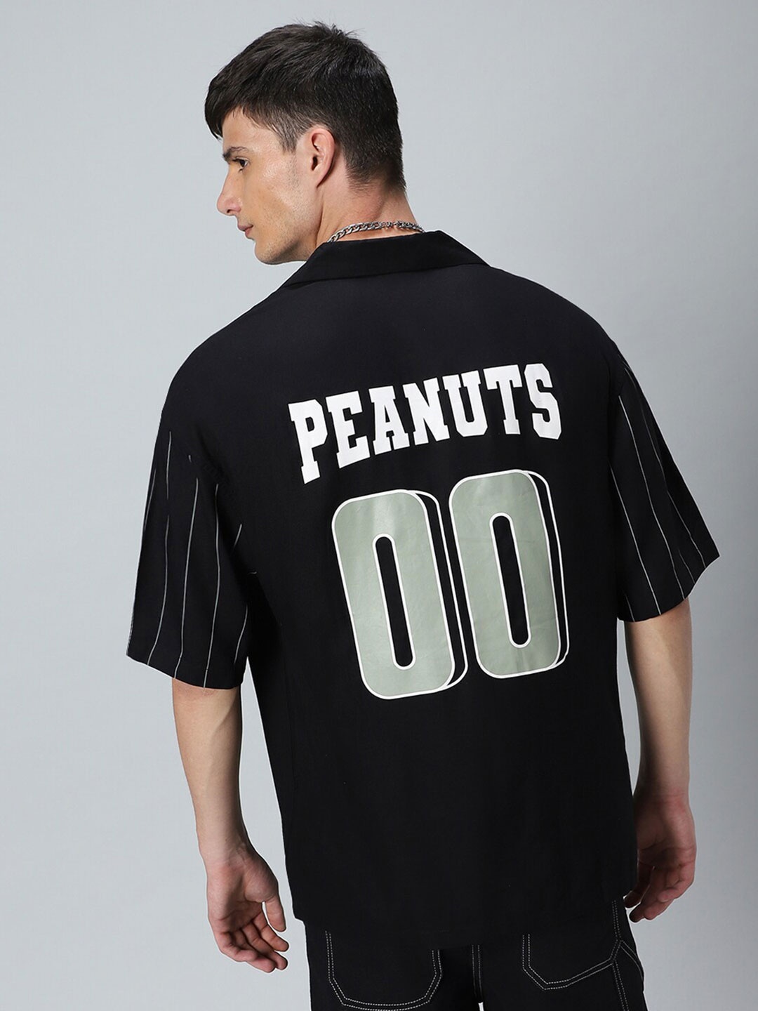 

Bewakoof Black Official Peanuts Printed Spread Collar Loose Fit Casual Shirt