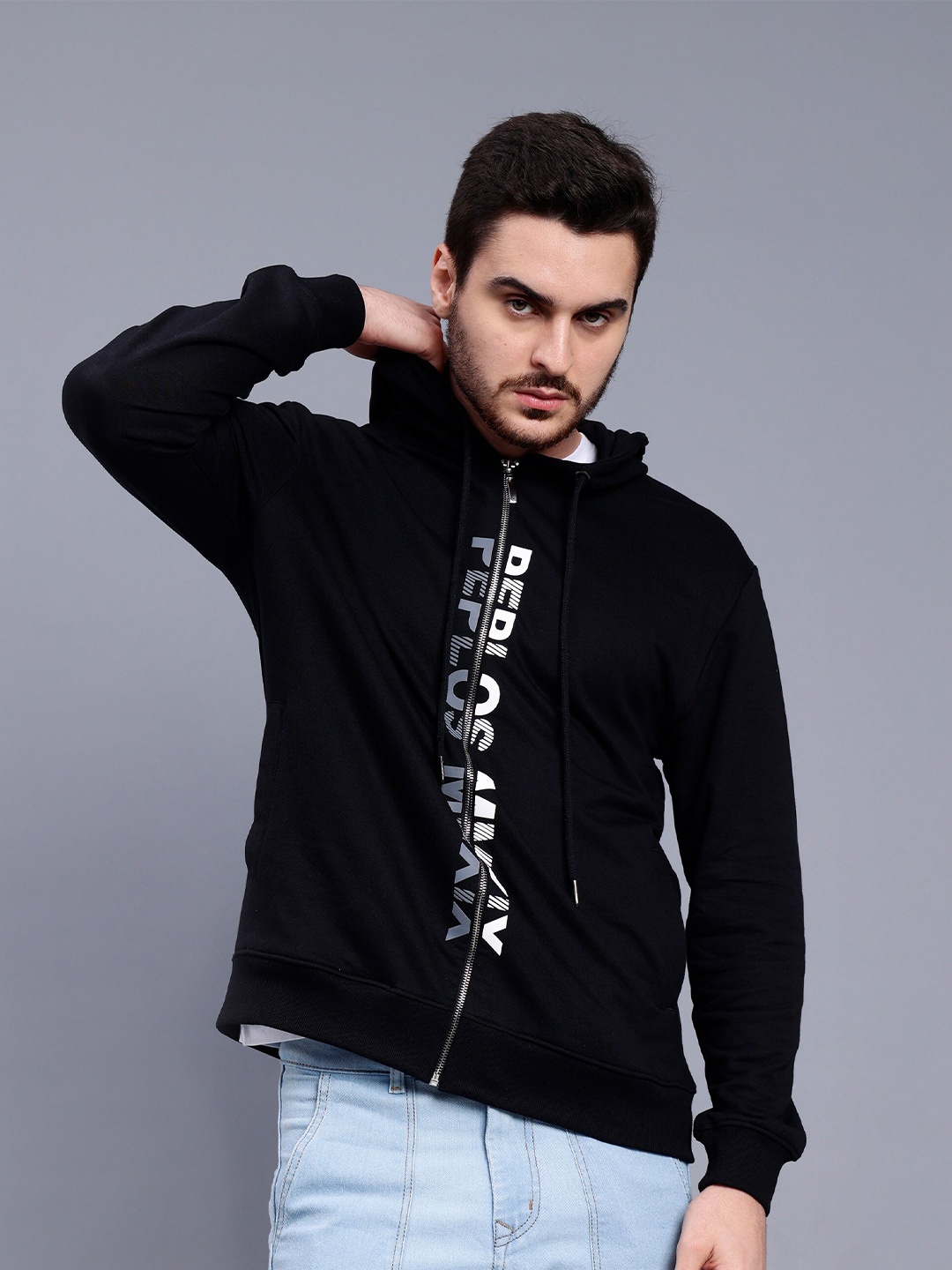 

PEPLOS Typography Printed Hooded Cotton Front-Open Sweatshirt, Black