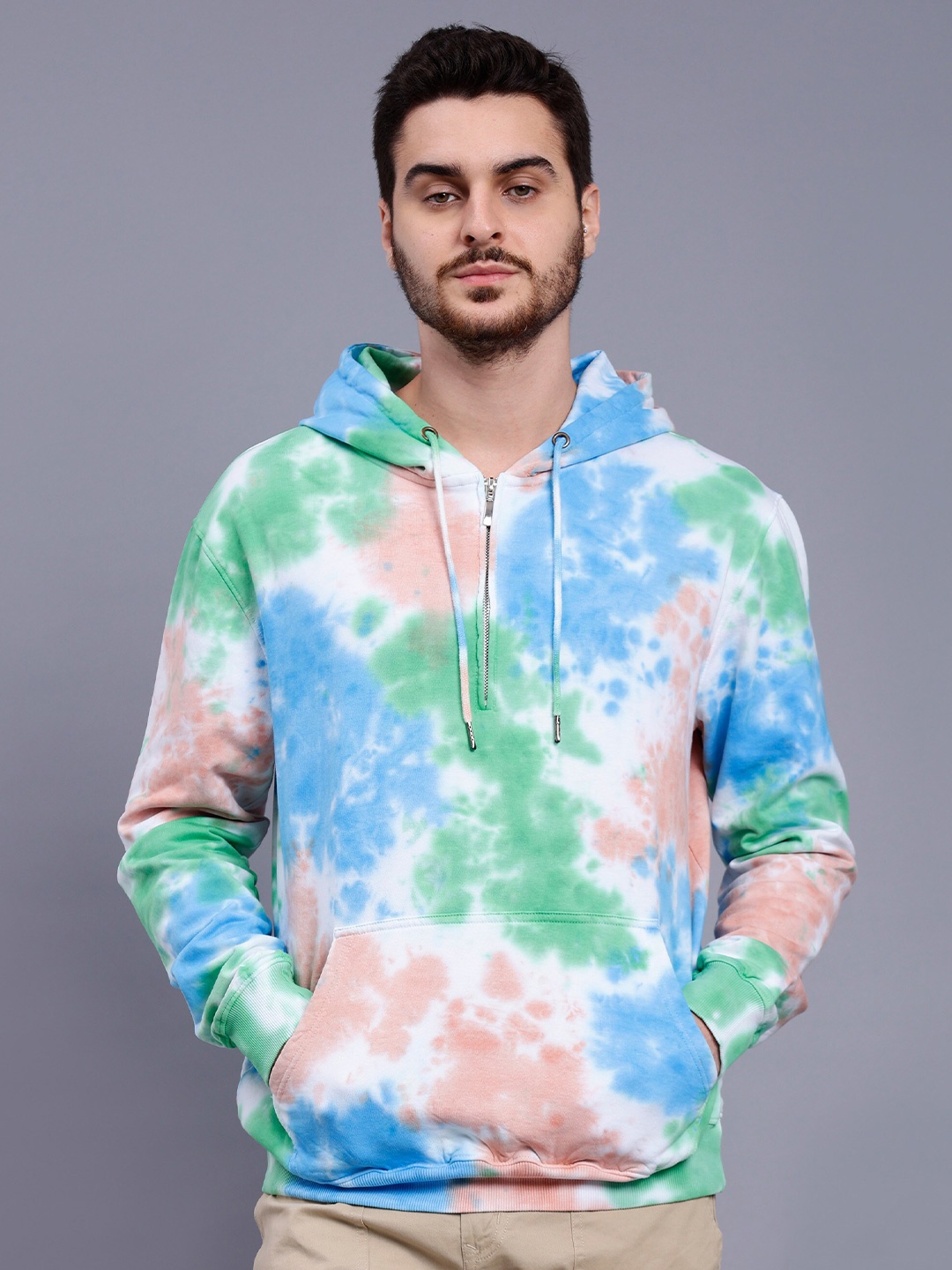 

PEPLOS Abstract Printed Hooded Half Zipper Cotton Pullover Sweatshirt, White