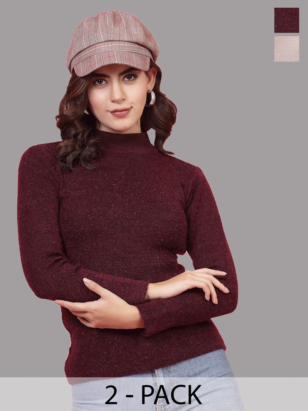 

Clora Creation Pack Of 2 Ribbed High Neck Woollen Pullover, Burgundy