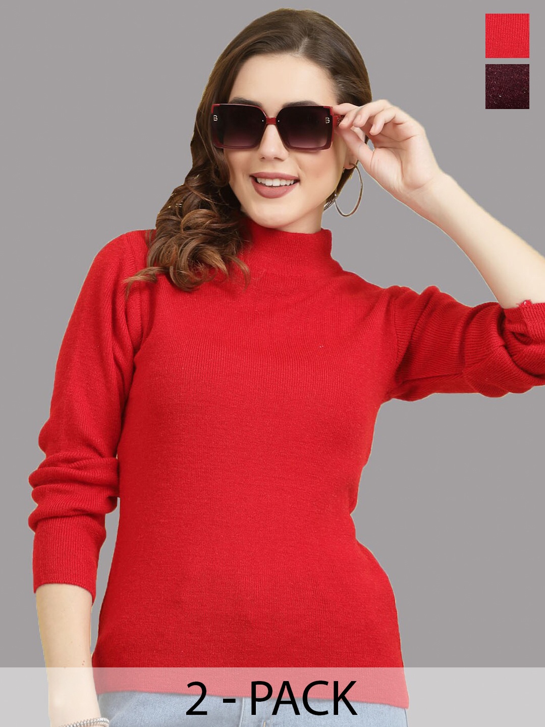 

Clora Creation Pack Of 2 Ribbed High Neck Woollen Pullover, Red