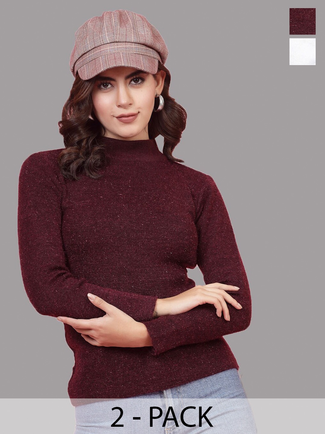 

Clora Creation Pack Of 2 Mock Collar Long Sleeves Woollen Pullover Sweater, Maroon