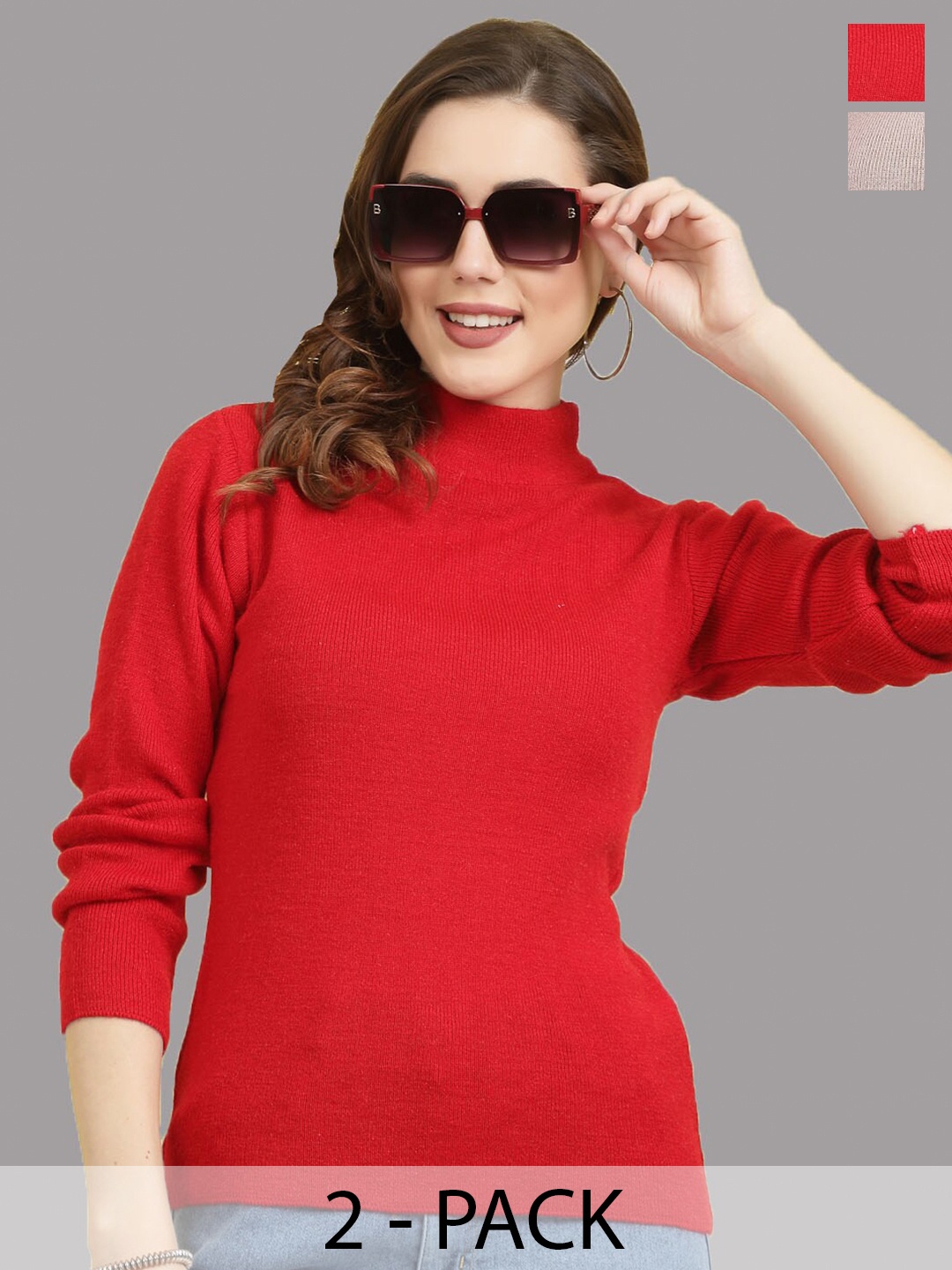 

Clora Creation Pack Of 2 Mock Collar Long Sleeves Woollen Pullover Sweater, Red