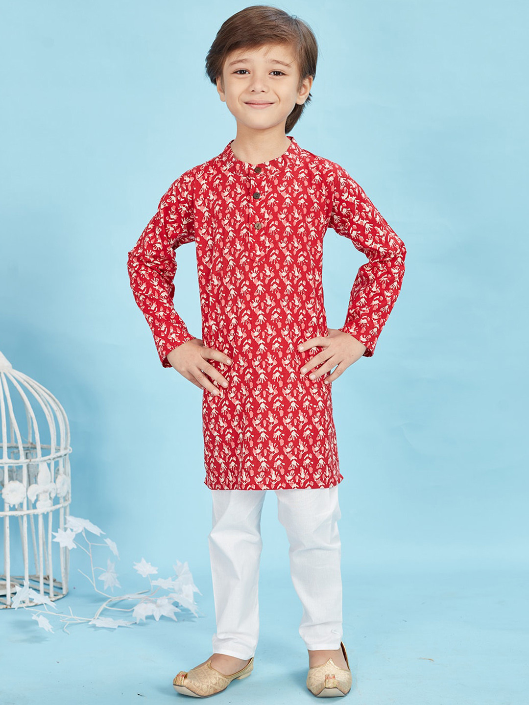 

Maaikid Boys Abstract Printed Band Collar Pure Cotton Kurta with Pyjamas, Red