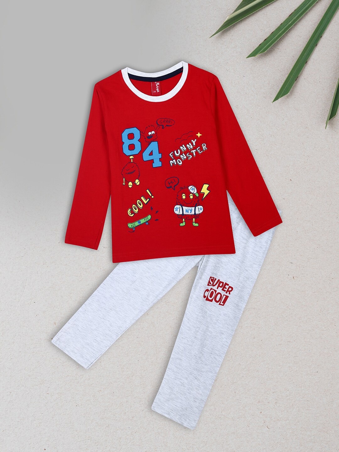 

V-Mart Boys Pure Cotton Printed Long Sleeve T-shirt With Pyjamas, Red