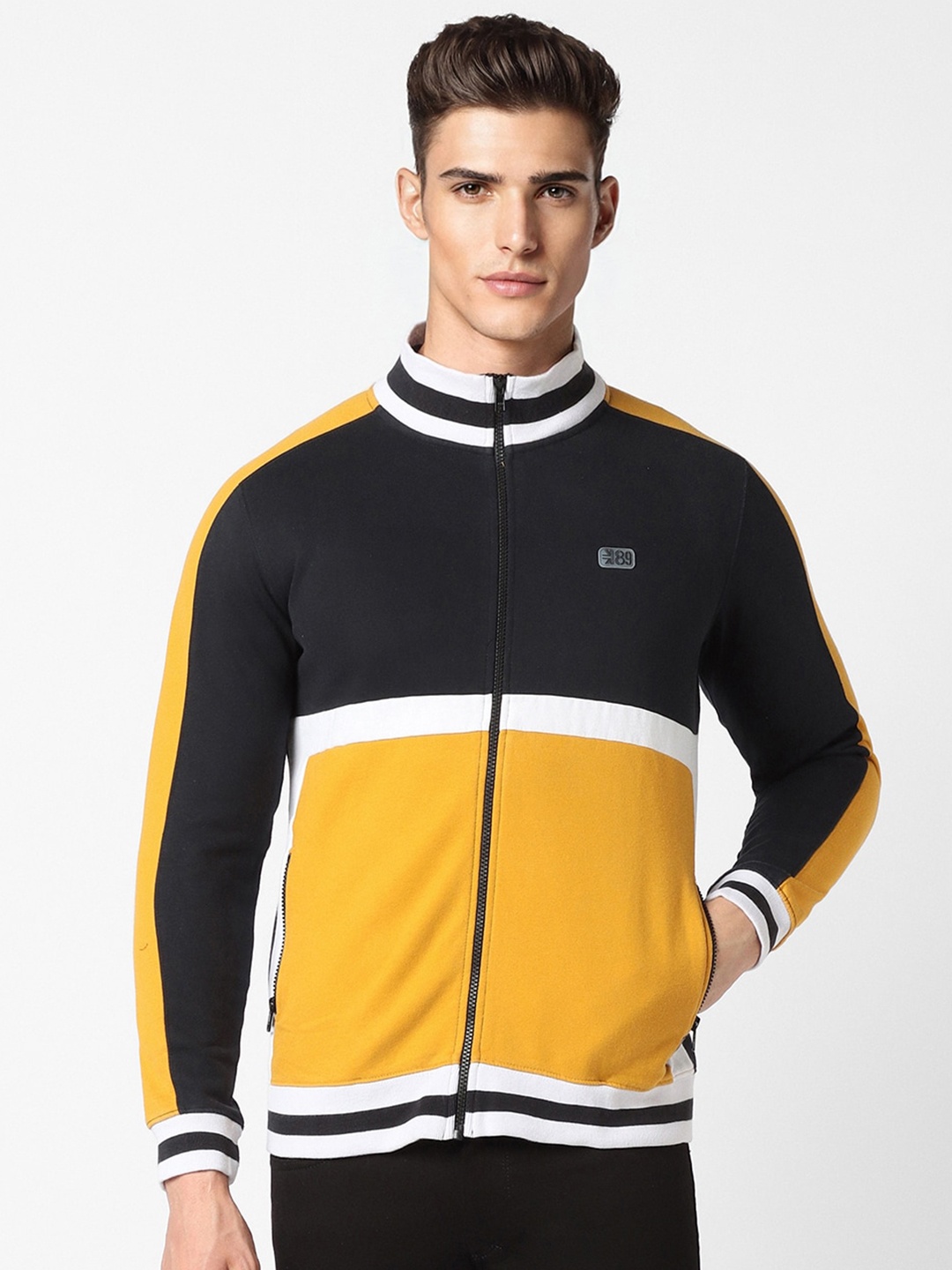 

Peter England Casuals Colourblocked Front-Open Sweatshirt, Black