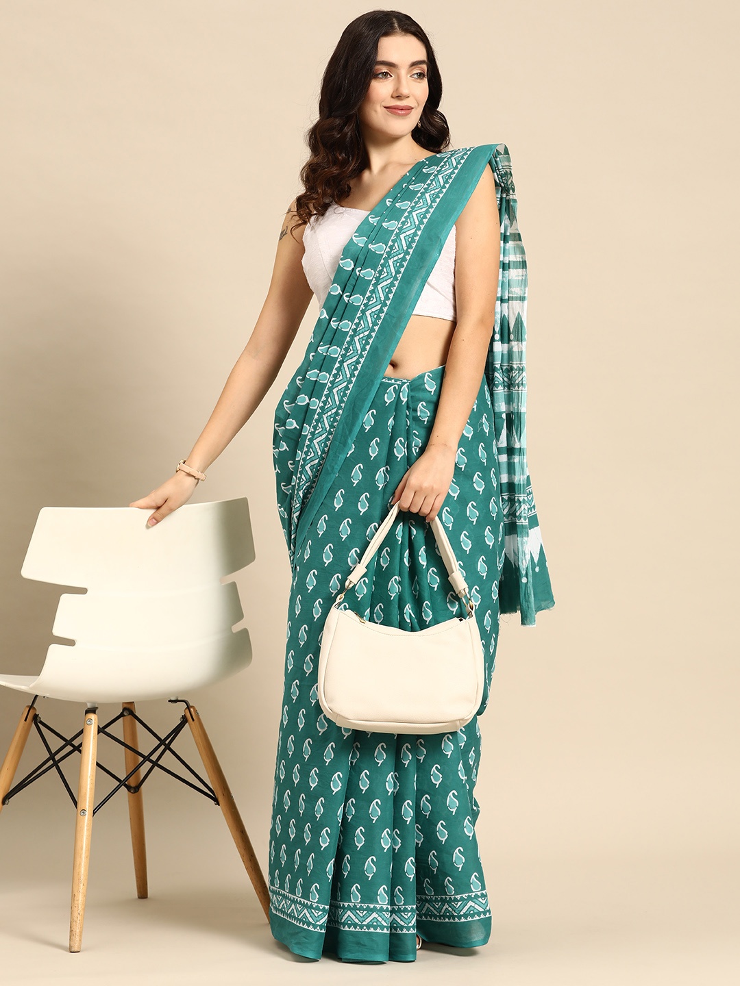 

HERE&NOW Ethnic Motifs Pure Cotton Saree, Sea green