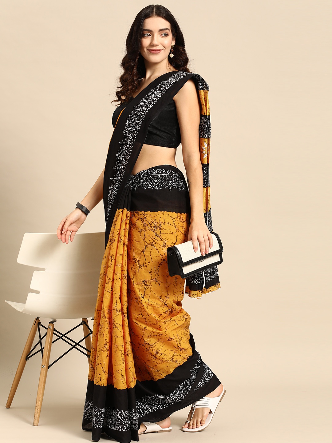 

HERE&NOW Printed Pure Cotton Saree, Mustard
