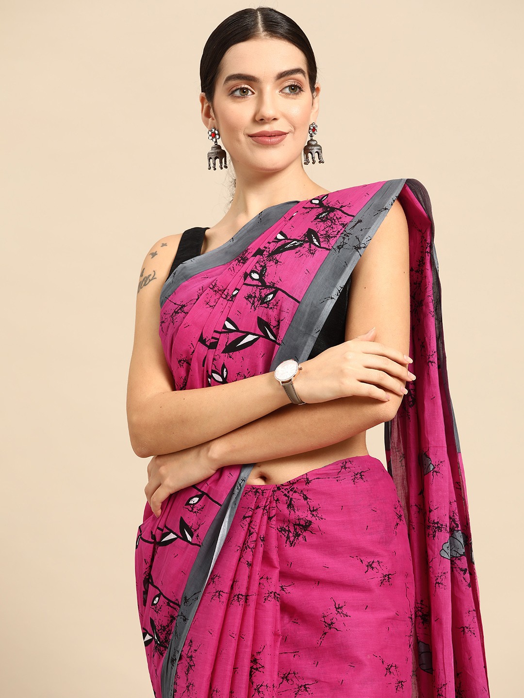 

HERE&NOW Floral Pure Cotton Saree, Pink