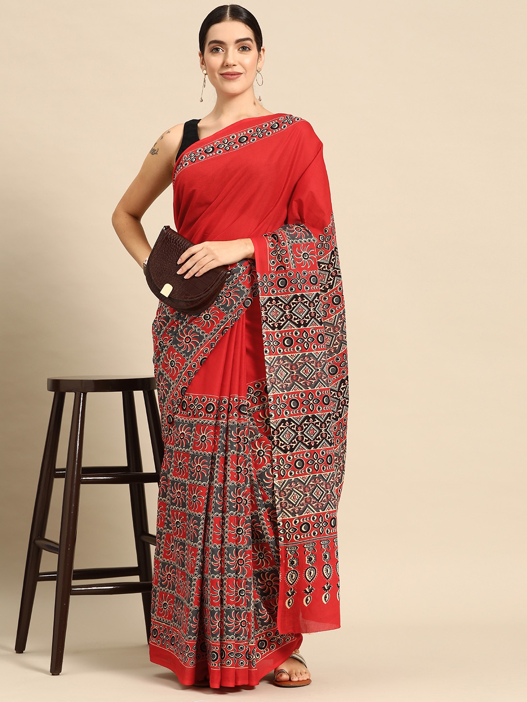 

HERE&NOW Ethnic Motifs Pure Cotton Saree, Red