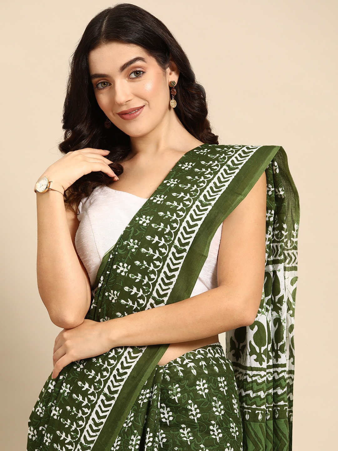 

HERE&NOW Ethnic Motifs Pure Cotton Saree, Green