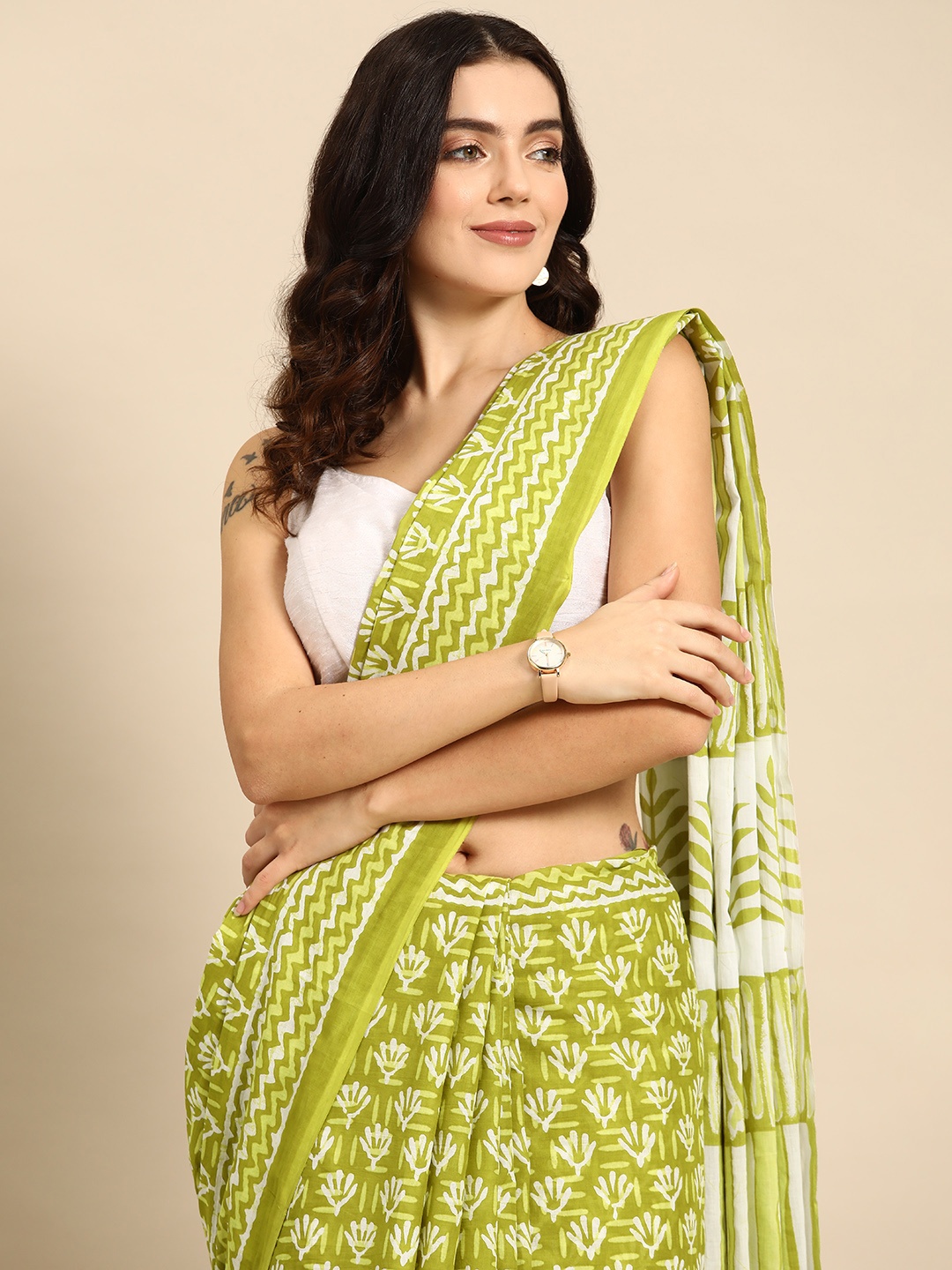 

HERE&NOW Ethnic Motifs Pure Cotton Saree, Green