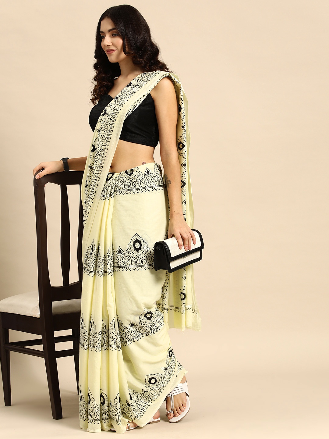 

HERE&NOW Ethnic Motifs Pure Cotton Saree, Yellow