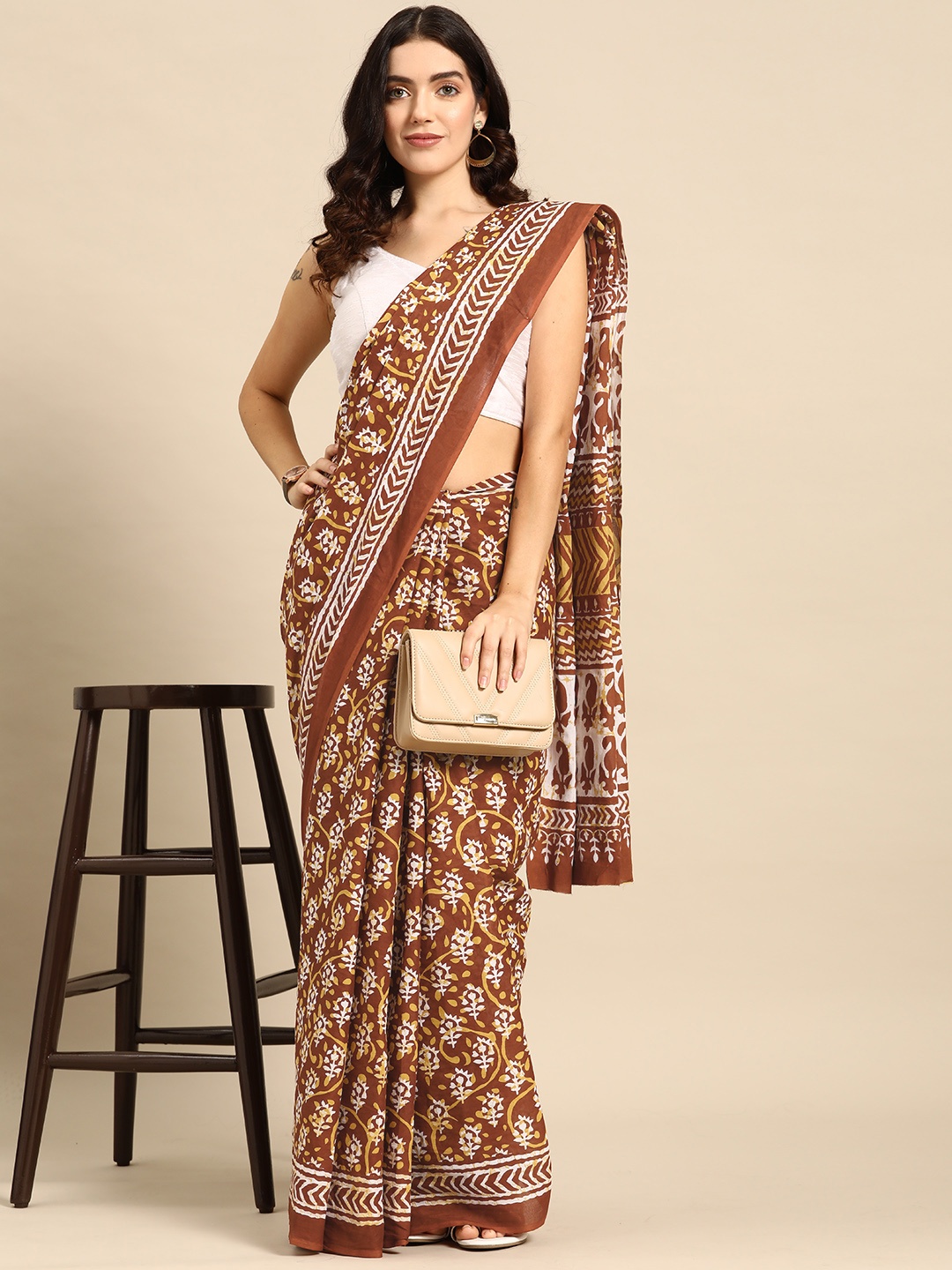

HERE&NOW Ethnic Motifs Pure Cotton Saree, Brown