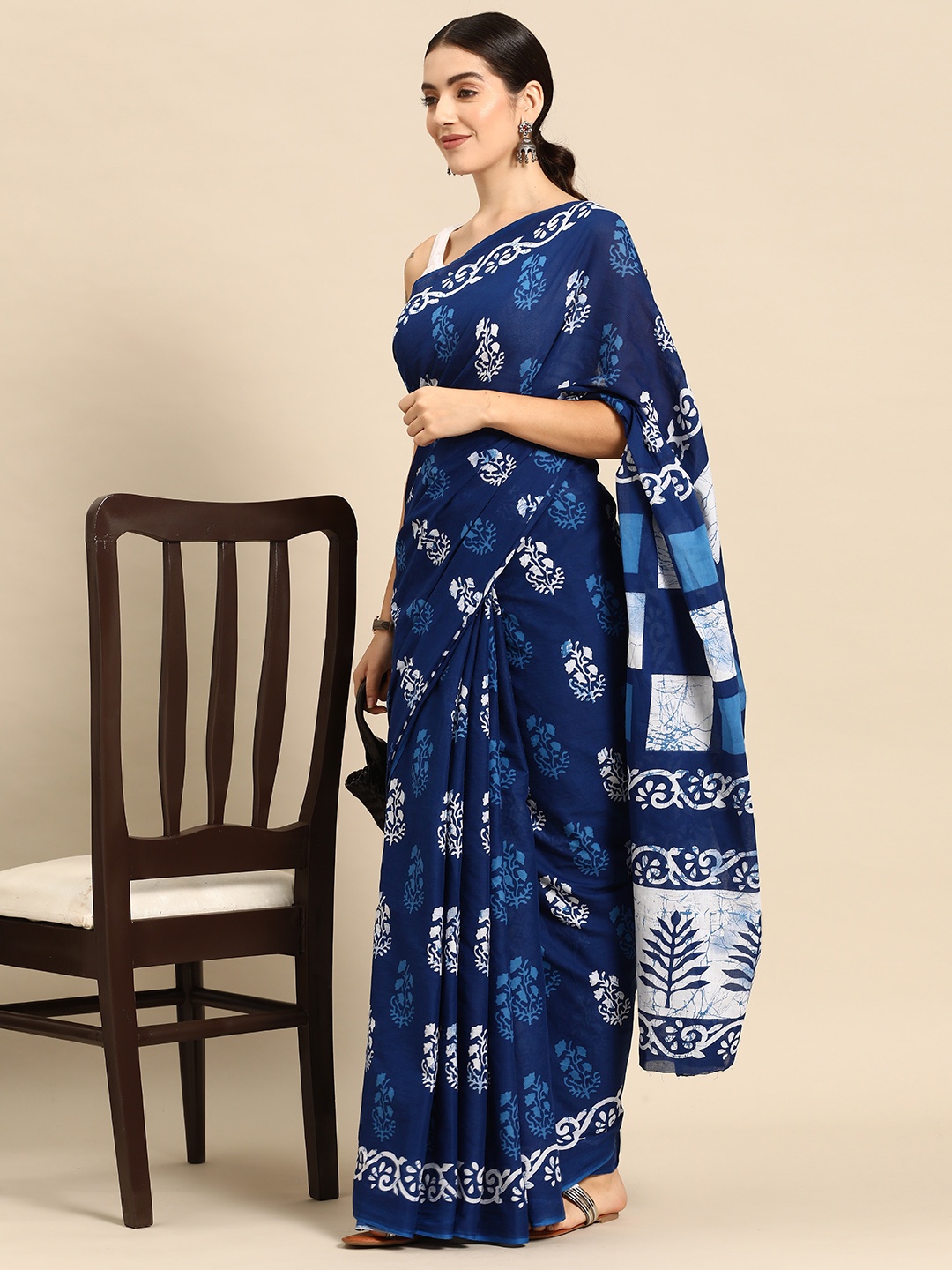 

HERE&NOW Ethnic Motifs Pure Cotton Saree, Blue