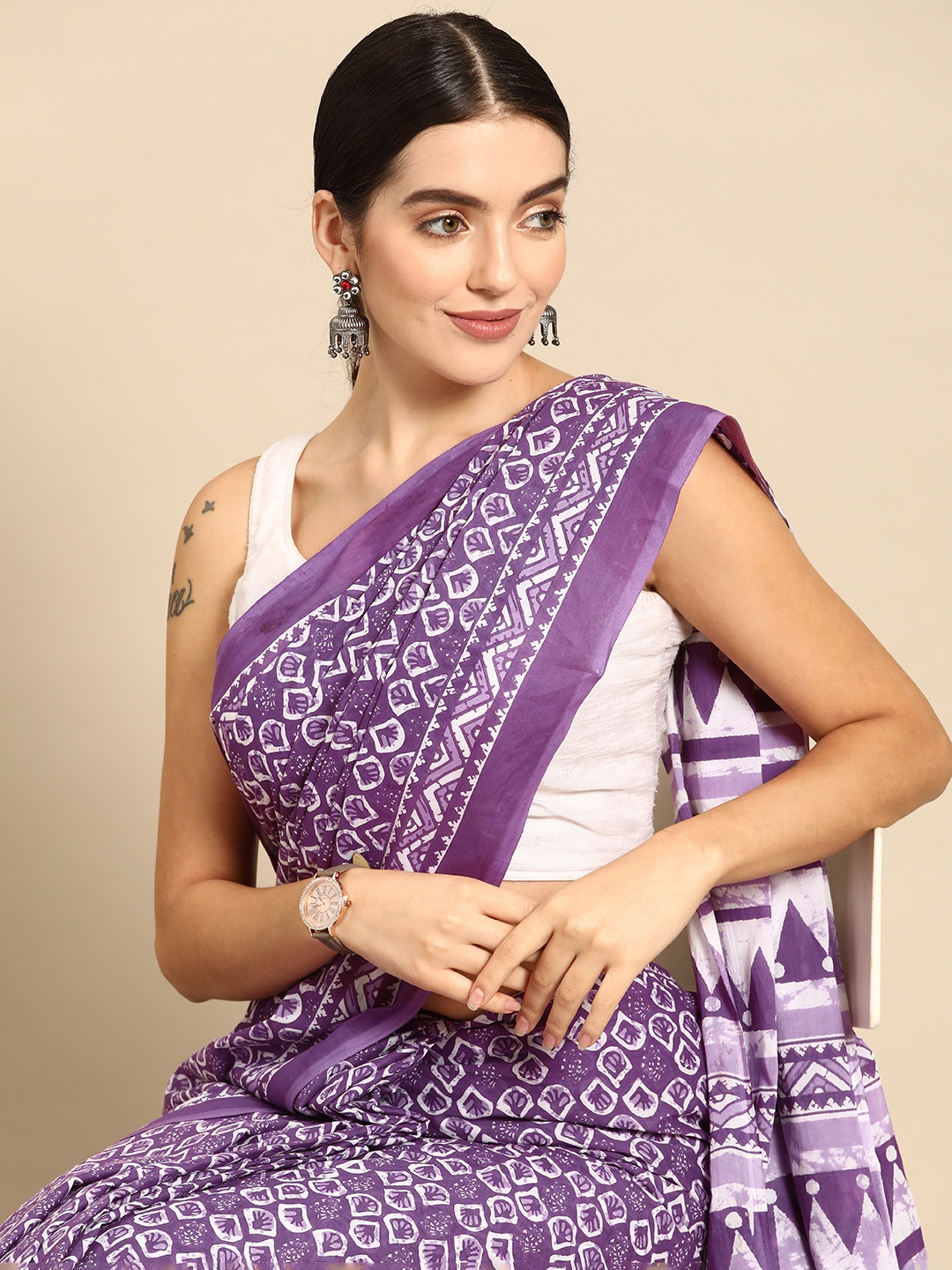 

HERE&NOW Ethnic Motifs Pure Cotton Saree, Purple