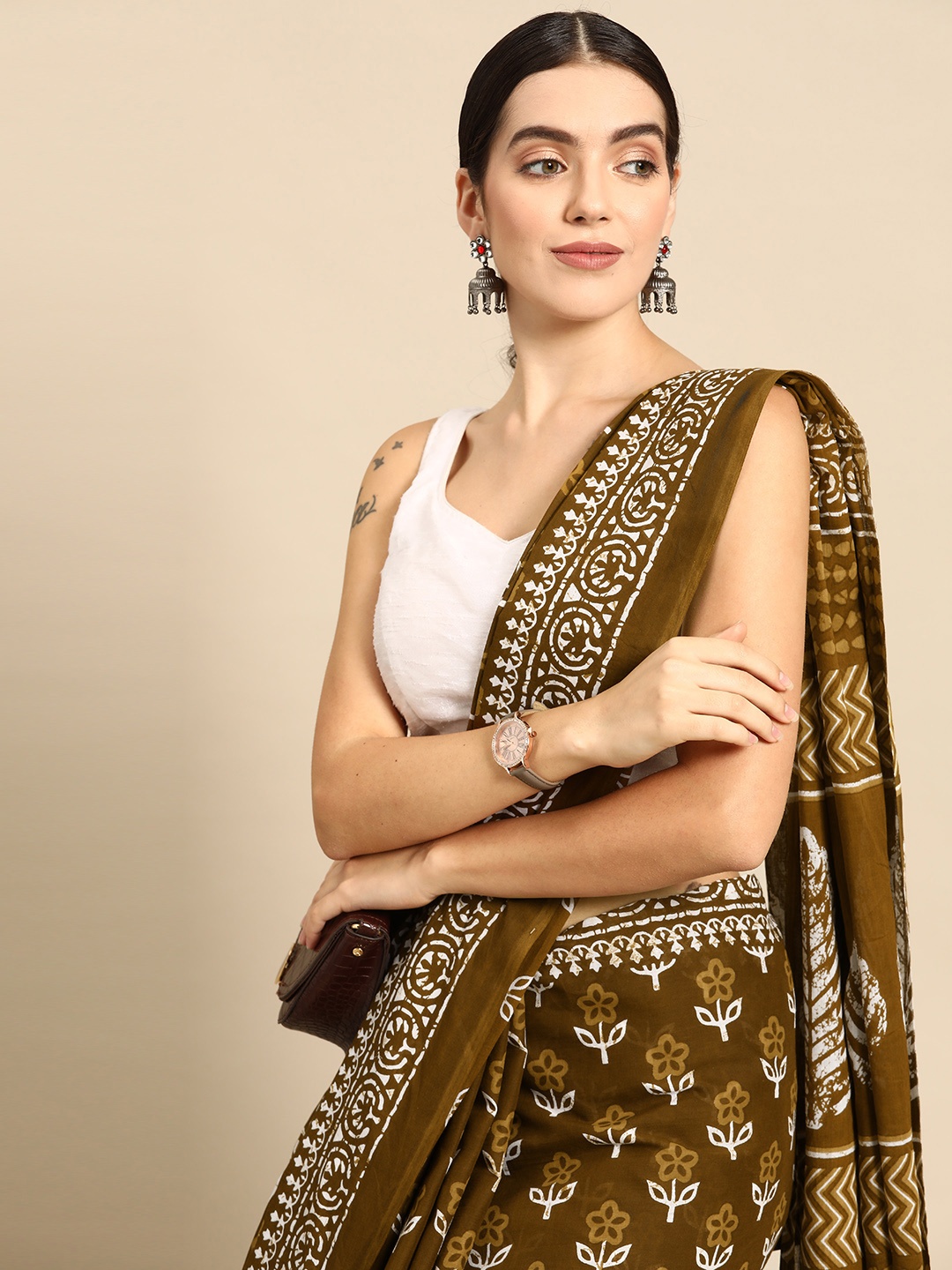 

HERE&NOW Floral Pure Cotton Saree, Brown