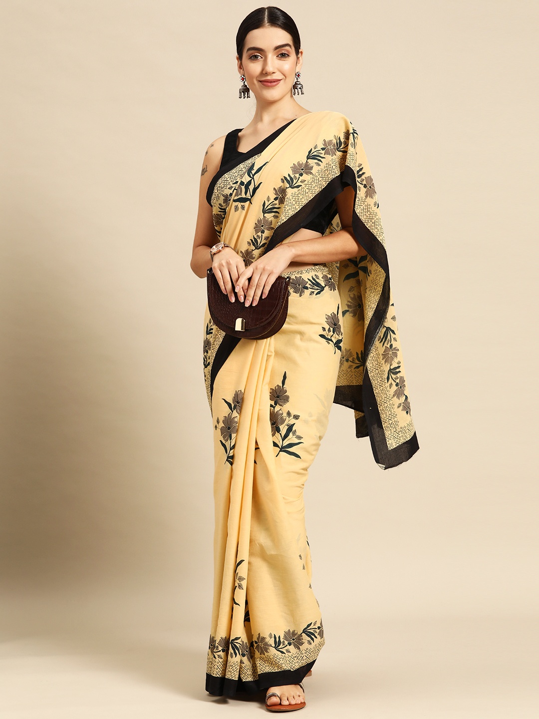 

HERE&NOW Floral Pure Cotton Saree, Beige
