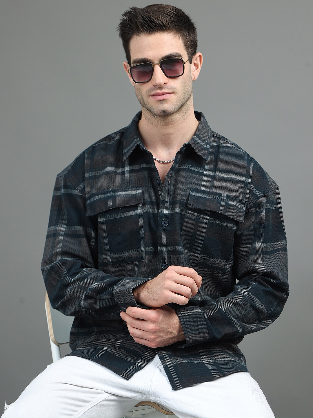 

HERE&NOW Oversized Checked Spread Collar Casual Cotton Shirt, Navy blue
