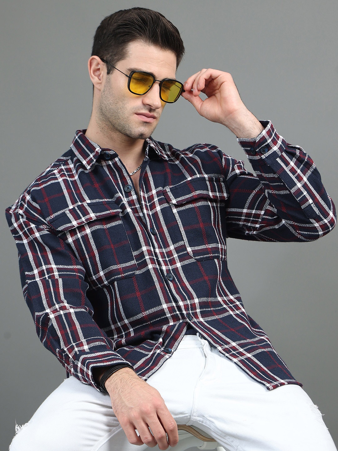

HERE&NOW Oversized Checked Spread Collar Casual Cotton Shirt, Navy blue
