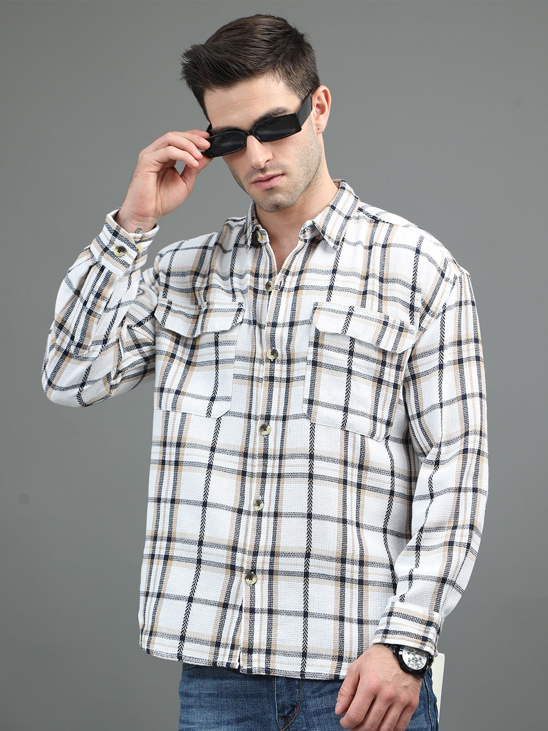 

HERE&NOW Oversized Tartan Checked Spread Collar Casual Cotton Shirt, White