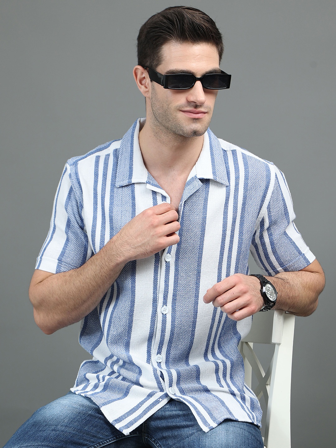 

HERE&NOW Striped Slim Fit Cotton Casual Shirt, Blue